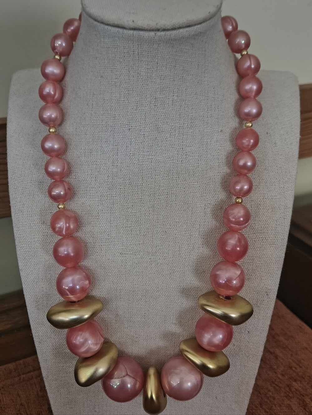 Vintage 80s Cotton Candy Pink Chunky Faux Pearls Gold Tone Necklace